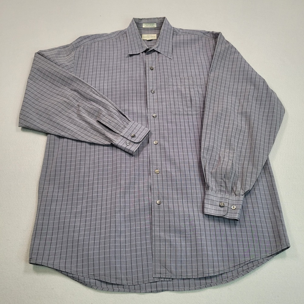 Cutter & Buck Mens Yale Plaid Button Up Shirt Long Sleeve Grey Cotton XL Flaws